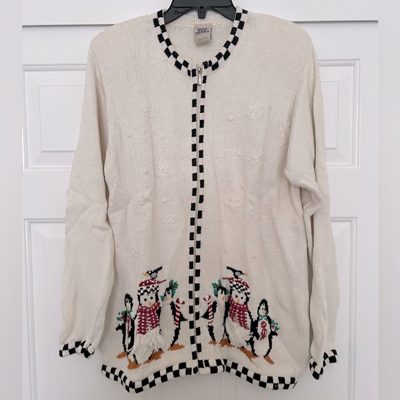 Ugly Christmas Sweater Sweaters - High Sierra long sleeve zipper front Christmas Holiday sweater size Large- cream